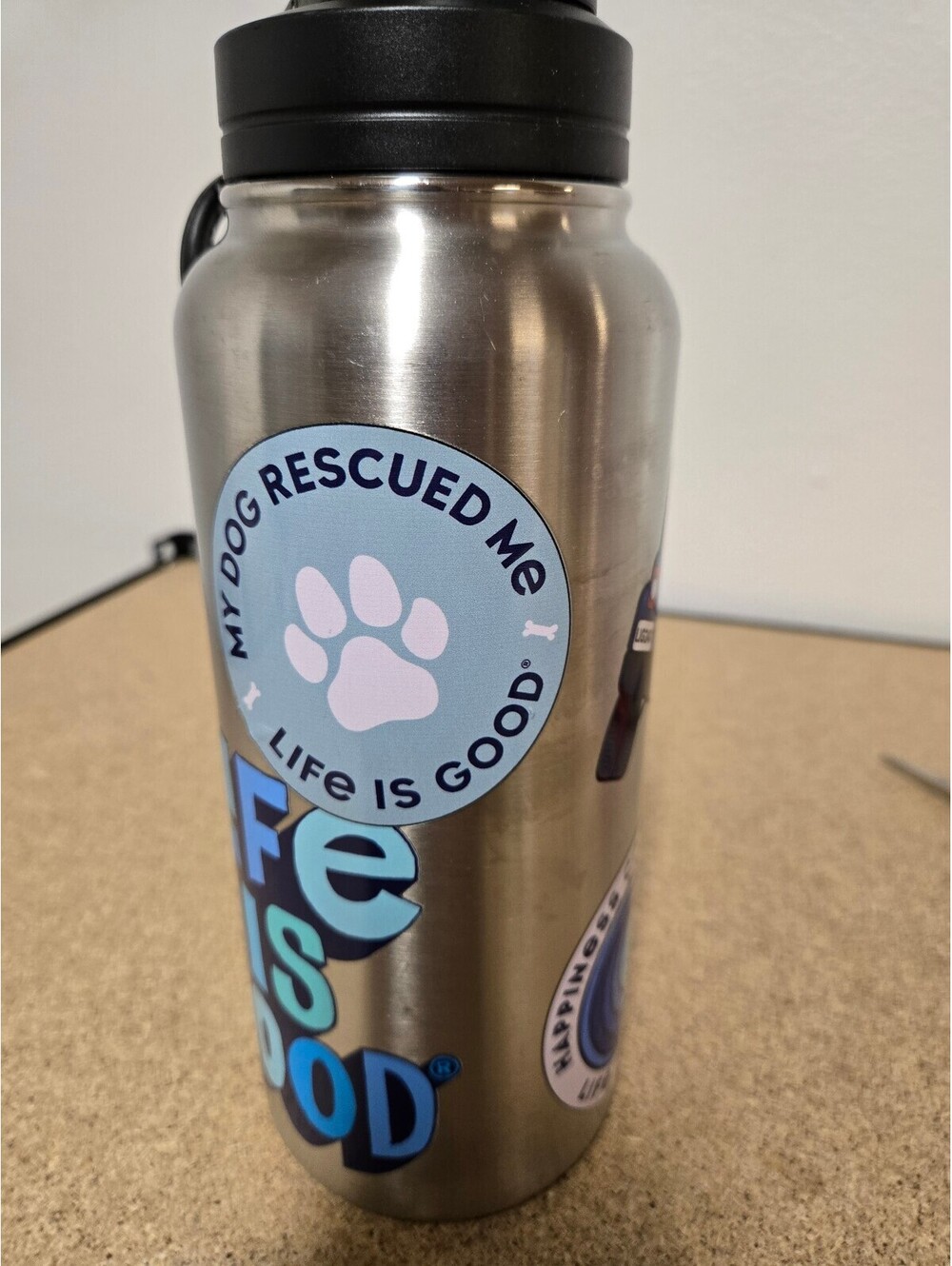 Life is Good Stainless Steel Water Bottle 32 fl oz with Dog Rescue Stickers